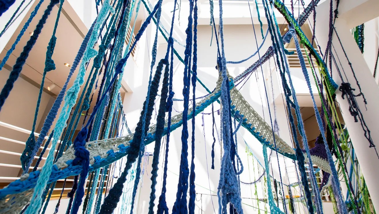 Sheila Pepe - &quot;Put Me Down Gently,&quot; 2014 &quot;Fiber: Sculpture 1960&ndash;present&quot; runs May 9 to Aug. 2 at the Des Moines Art Center. Rodney White/The Register.