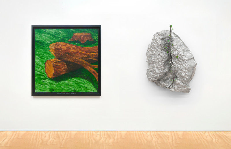 Installation view of &ldquo;Chopped and Sawn,&rdquo; 1969, and &ldquo;Intersections T&amp;amp;P,&rdquo; 2020.