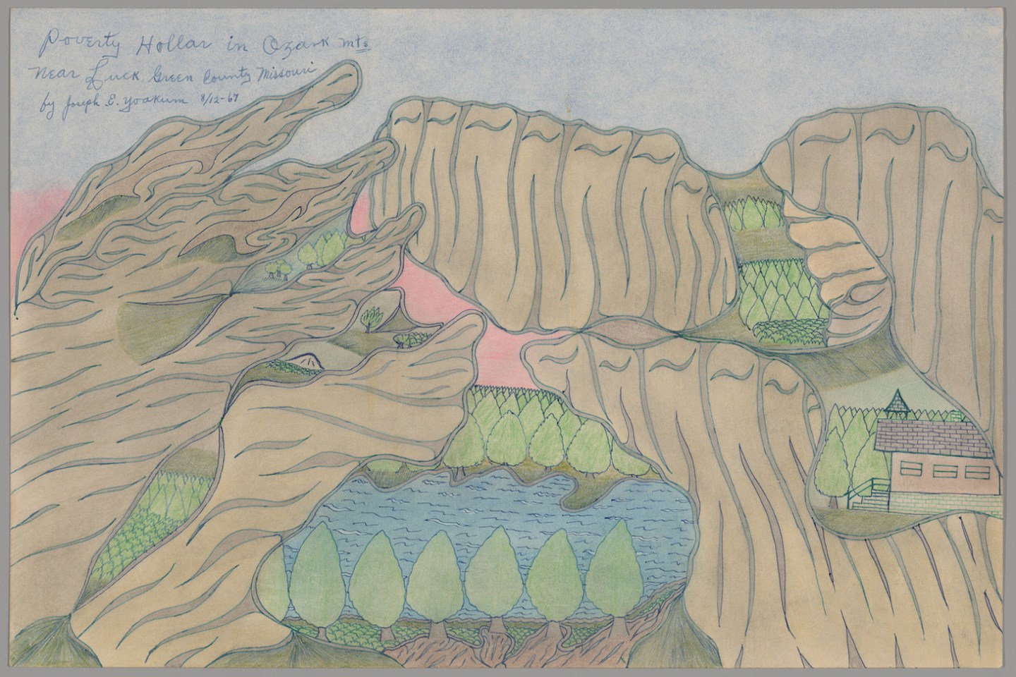 Drawing by Joseph Yoakum titled &quot;Poverty Hollar in Ozark Mts near Luck Green County Missouri&quot; (1967)