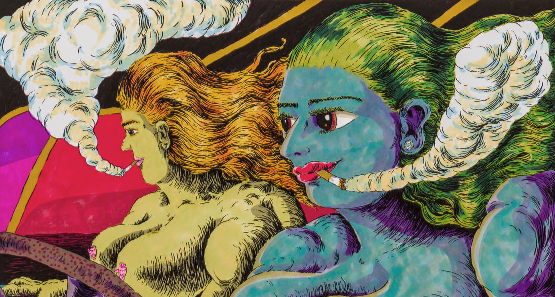 Ana Benaroya, &quot;Nighthawks,&quot; 2023. Marker and India ink on Bristol board; Work: 15 x 20 in (38.1 x 50.8 cm) Framed: 18 1/8 x 23 1/8 in (46 x 58.7 cm).