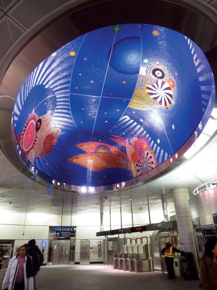 Bailey translated her mandalas into mosaics for&nbsp;Funktional Vibrations&nbsp;(2015) in New York City&rsquo;s 34th Street Hudson Yards transit station. Photos by Paulette Young.