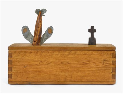 H. C. Westermann,&nbsp;Untitled (Walnut Death Ship in a Chestnut Box), 1974, chestnut, walnut, zebrawood, galvanized sheet metal, copper, ebony, 17 7/8 &times; 24 7/8 &times; 8 1/2&quot;.