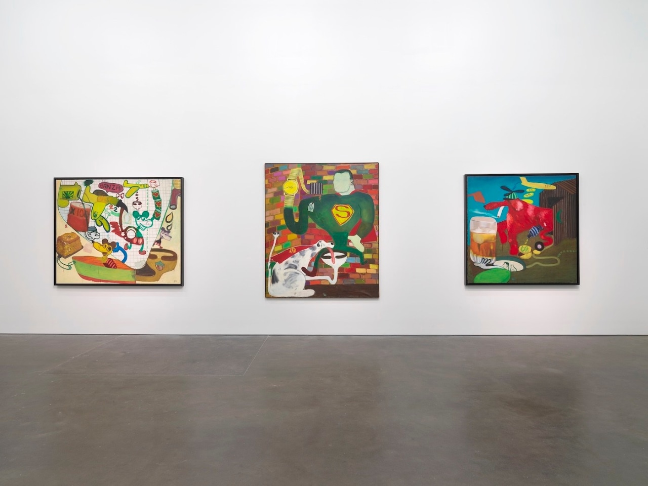 Three Paintings by Peter Saul in the exhibition titled Peter Saul: Crime and Punishment at the New Museum in New York