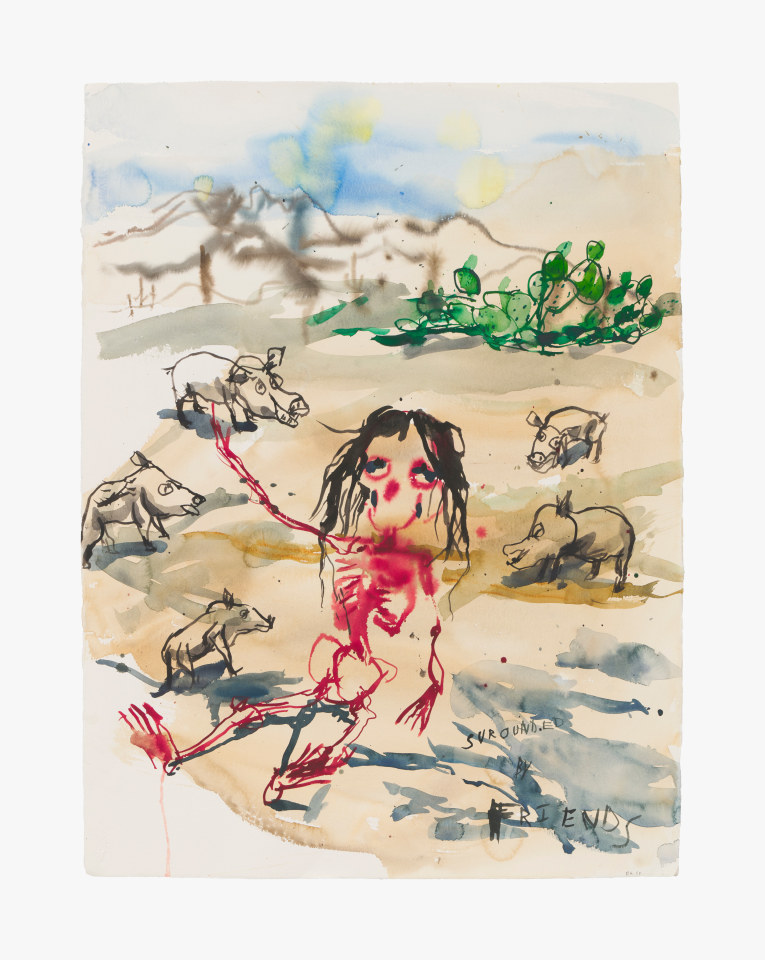 Work on paper by Brad Kahlhamer titled Surrounded by Friends from 1999