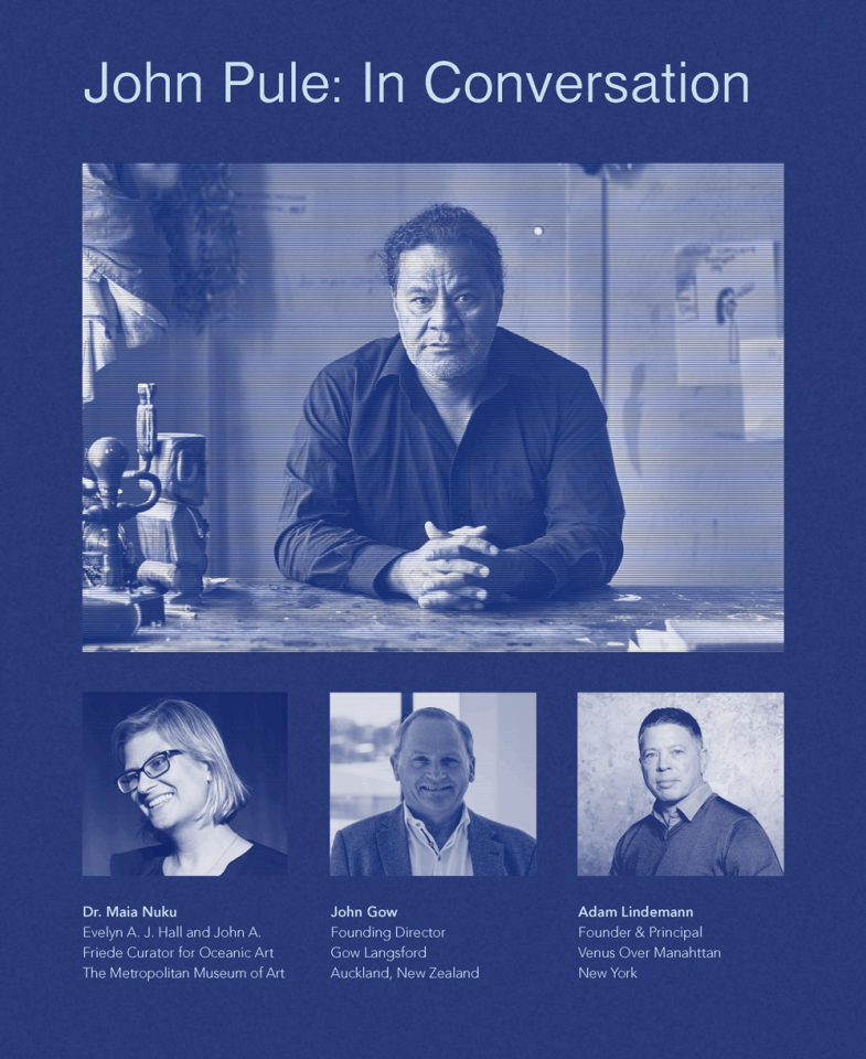 Announcement image for a conversation with artist John Pule with Dr. Maia Nuku, John Gow, and Adam Lindemann