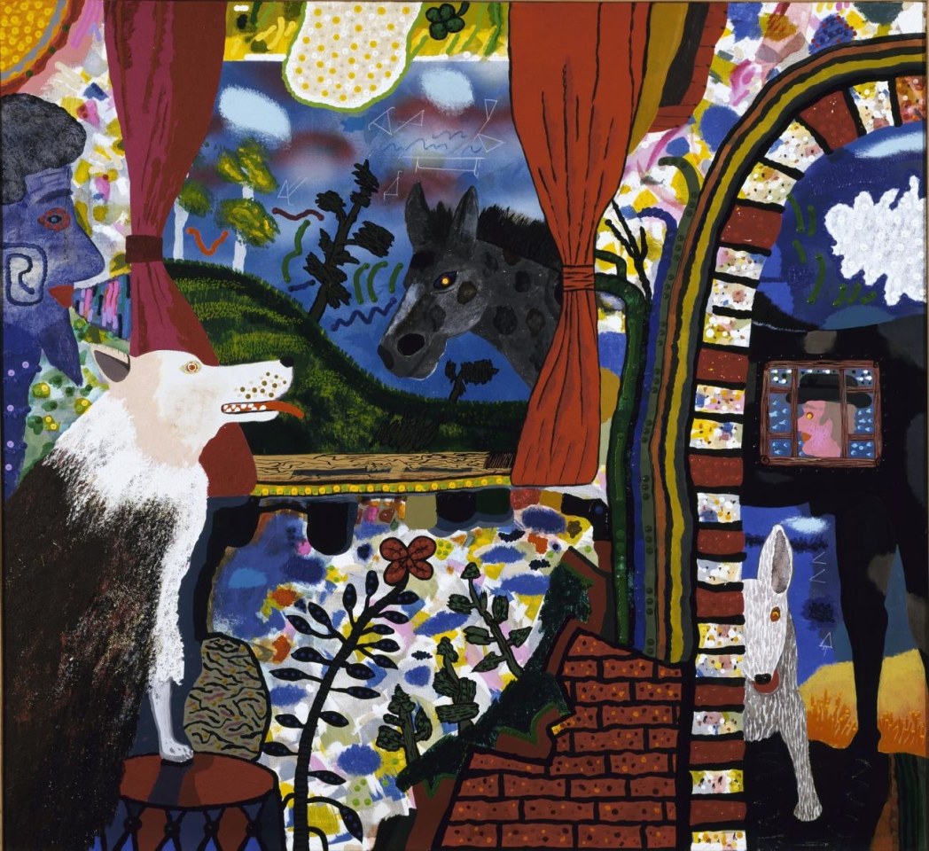 Painting by Roy de Forest titled The Real Inside Story from 1973