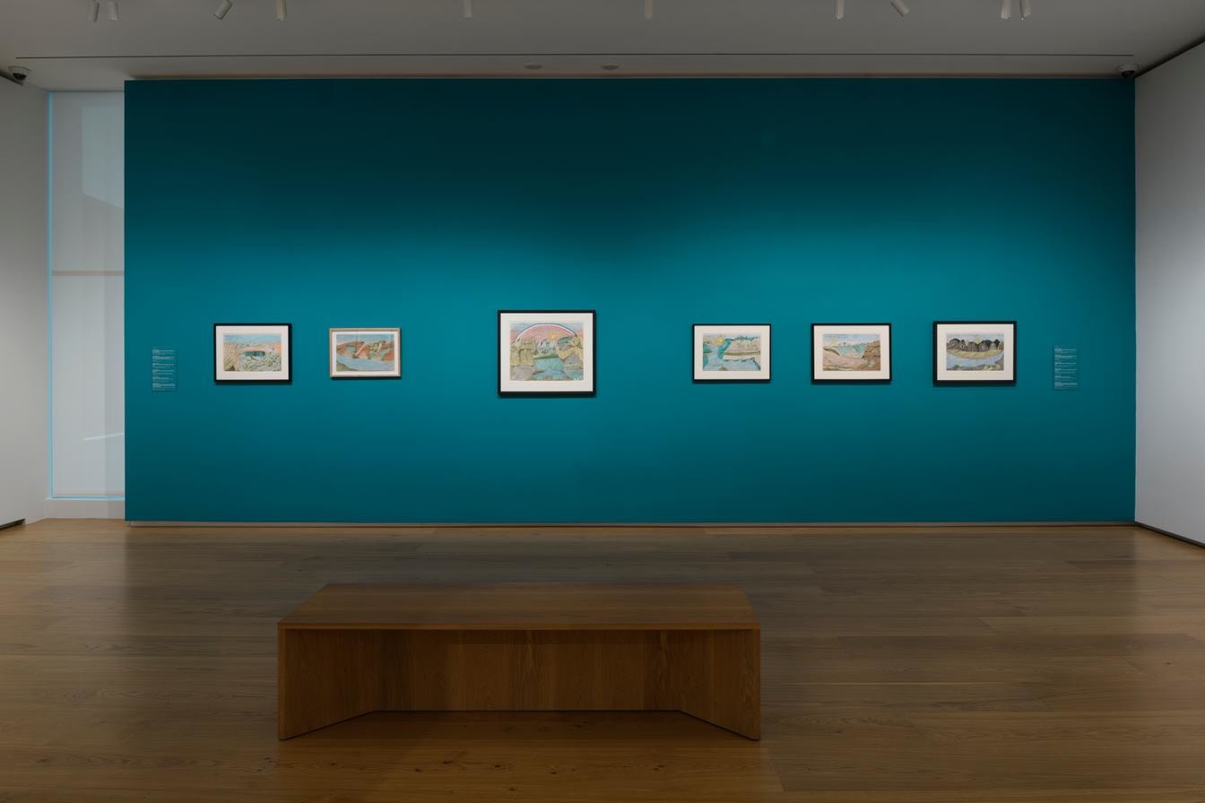 Installation view of Joseph E. Yoakum: What I Saw at the Menil Drawing Institute, Houston