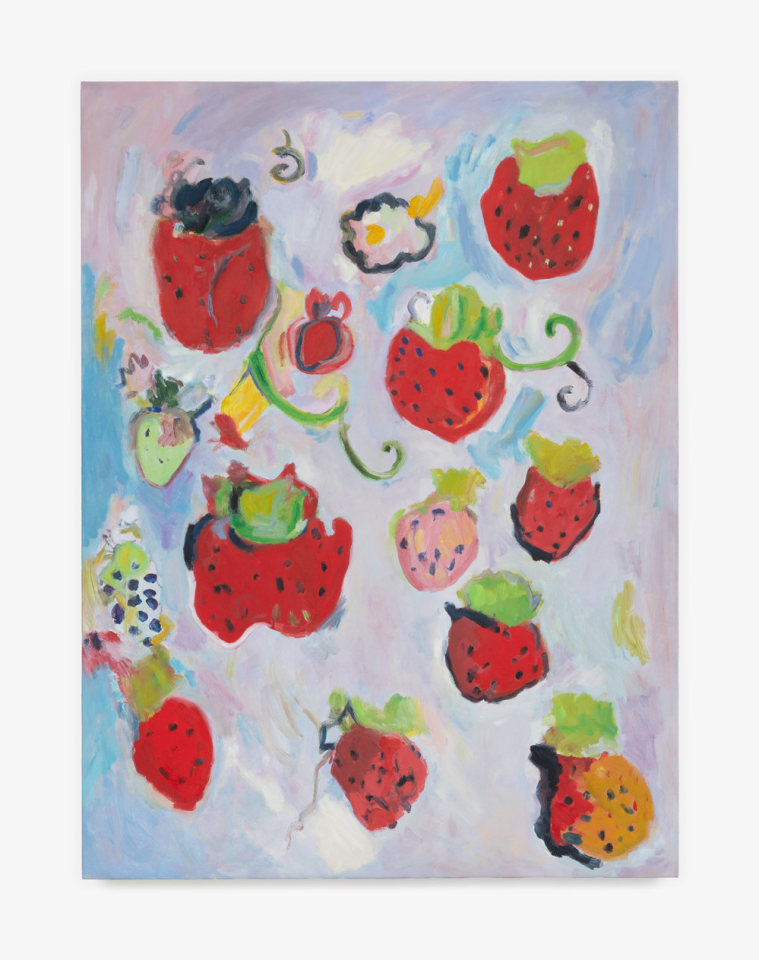 Adrianne Rubenstein, &quot;Strawberries Paradisio&quot;, 2024. Oil on canvas; 48 x 36 in (121.9 x 91.4 cm). Courtesy the artist and Venus Over Manhattan, New York.