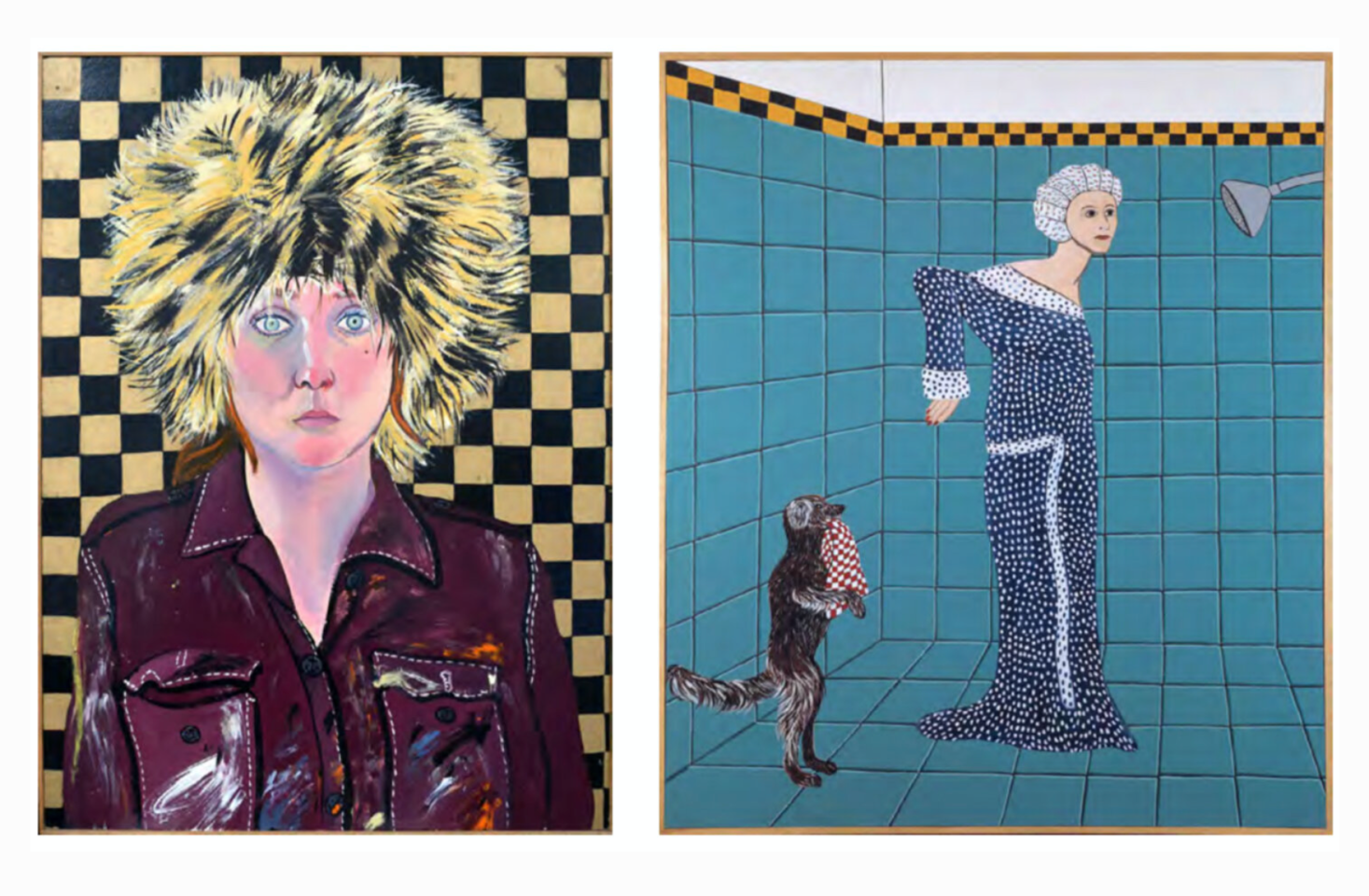 Two Paintings by Joan Brown titled Self Portrait in a Fur Hat from 1972 and Woman Preparing for a Shower from 1975