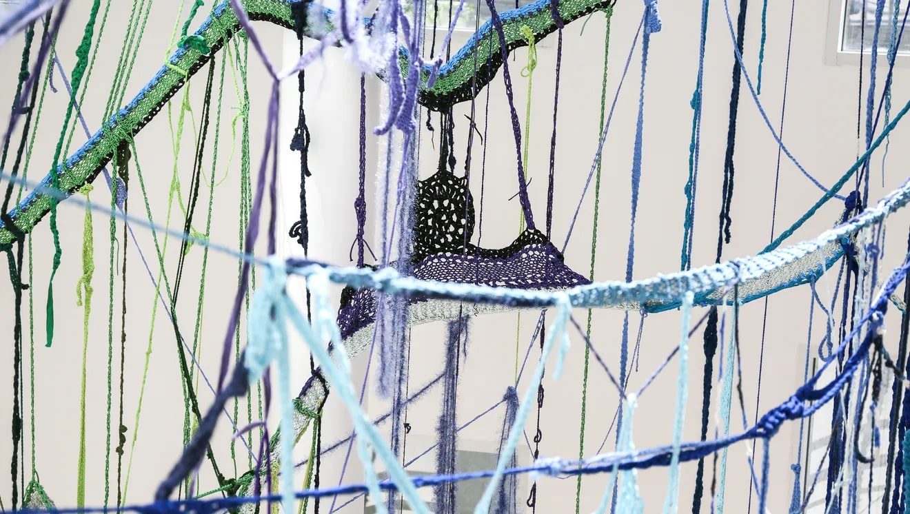 Sheila Pepe - &quot;Put Me Down Gently,&quot; 2014 &quot;Fiber: Sculpture 1960&ndash;present&quot; runs May 9 to Aug. 2 at the Des Moines Art Center. Rodney White/The Register.