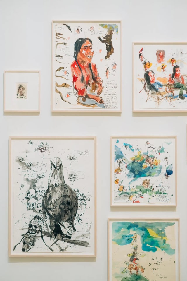 Clockwise from top center, Brad Kahlhamer&rsquo;s &ldquo;House of Snakes,&rdquo; 2000; &ldquo;Bird + Thalia,&rdquo; 2000; &ldquo;Friendly Frontier,&rdquo; 2000; &ldquo;End of the Trail w/Nice Music,&rdquo; 1999; &ldquo;Hawk,&rdquo; 1988; and &ldquo;Adult Eagle Monument,&rdquo; 2000.Credit...Jeenah Moon for The New York Times