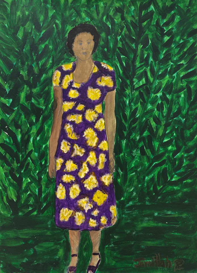 Jamillah Jennings, Untitled (Purple and Gold Dress in the Garden), 1990