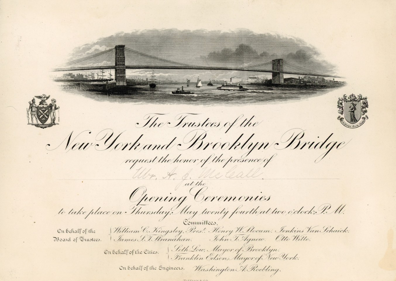 1883 INVITATION TO THE OPENING OF THE BROOKLYN BRIDGE