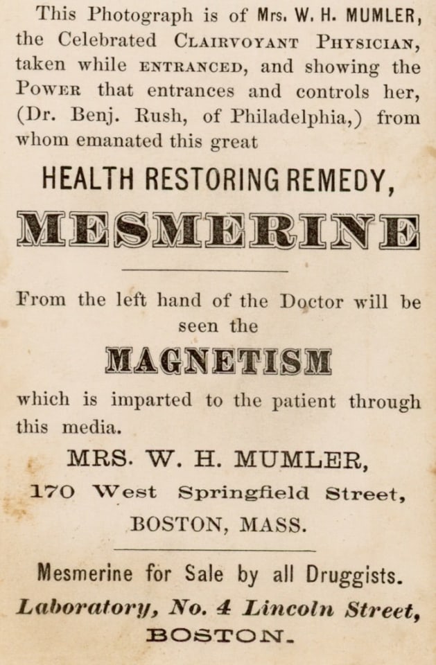 MRS. W. H. MUMLER, BOSTON, CLAIRVOYANT PHYSICIAN, ADVERTISING MESMERINE, A HEALTH REMEDY