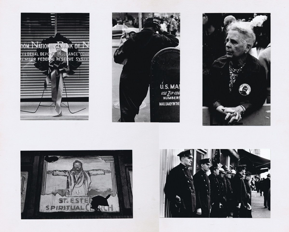 31. Beuford Smith, I Have a Dream: The Assassination of Martin Luther King, Jr., April 5, 1968. Five photographs mounted on white board. Features a church, a man leaning against a mailbox, a line of police officers, a wreath with MLK's portrait in the center, and a woman wearing a pin with &quot;Poor Peoples Campaign&quot; and MLK's portrait on it.