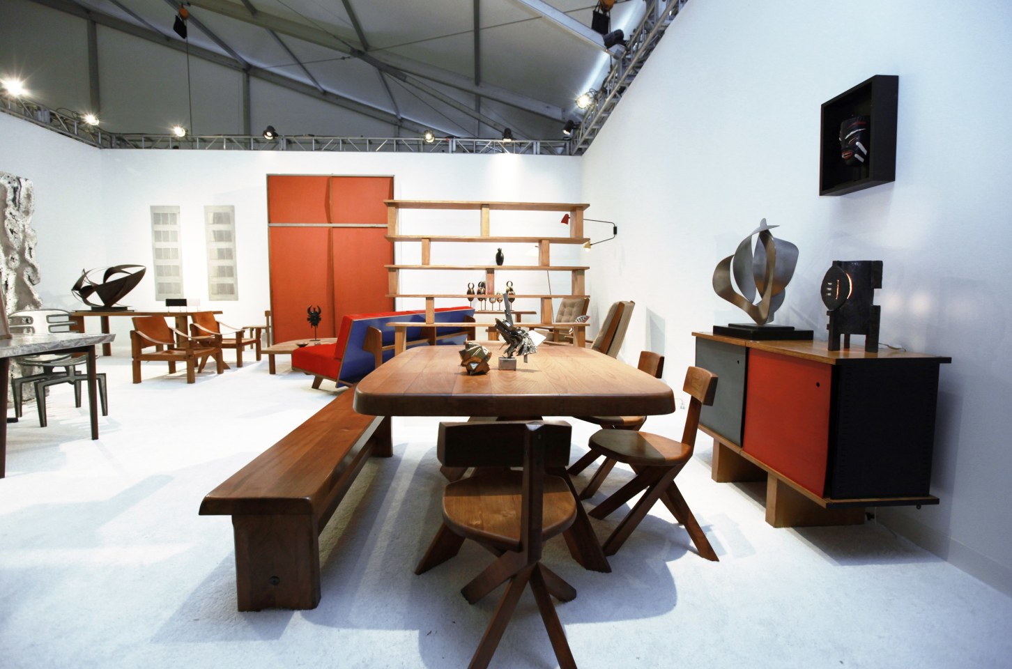 Pierre Chapo's &quot;S14B&quot; bench, &quot;T35C&quot; dining table, and set of four &quot;S34&quot; chairs, Charlotte Perriand's sideboard