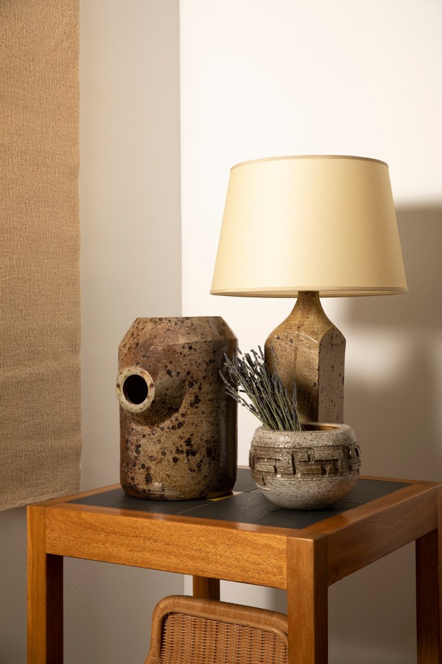 Installation view of exhibition. Pieces from left to right Ilina Horning's tapestry, Henry Jacques Le M&ecirc;me's side table, Yves Mohy's ceramic vase, Marius Bessone's ceramic bowl, and La Borne's ceramic table lamp