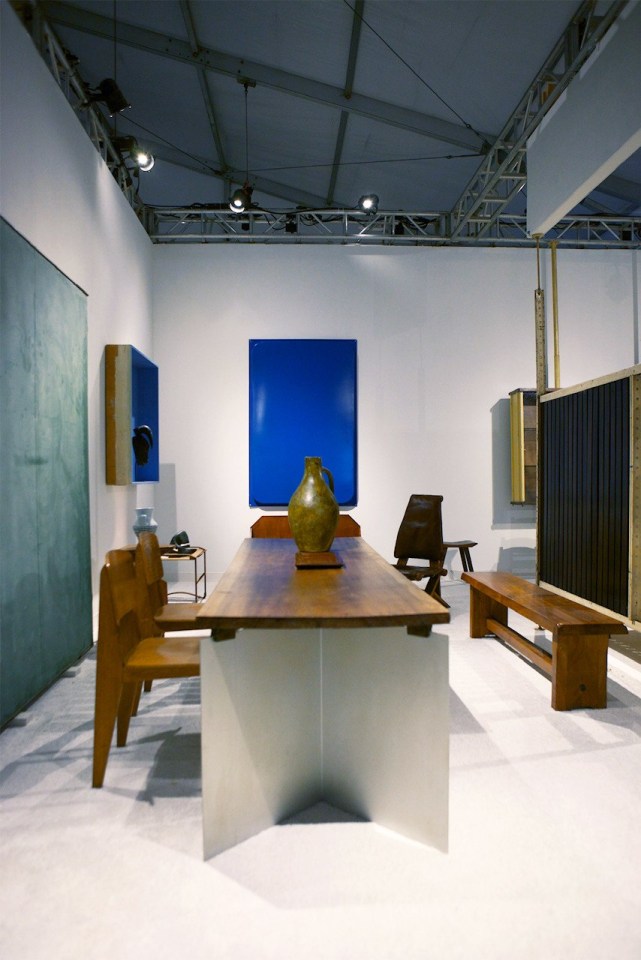 Jean Paul Barray dining table, Jean Prouv&eacute;'s all wood chairs, Pierre Chapo &quot;S14B&quot; bench, Les deux Potiers vase, Jean Prouv&eacute;  single panel