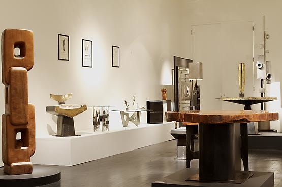 Alain Douillard exhibition at Magen H Gallery, installation view showing Douillard's sculpture, chair, side tables and a wooden dining table