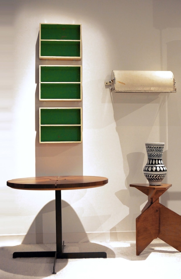 Le Corbusier's 3 niches, Charlotte Perriand's &quot;Soleil&quot; adjustable table, Herv&eacute; Baley's high stool, Roger Capron's ceramic vase, Le Corbusier's &quot;LCII&quot; sconce