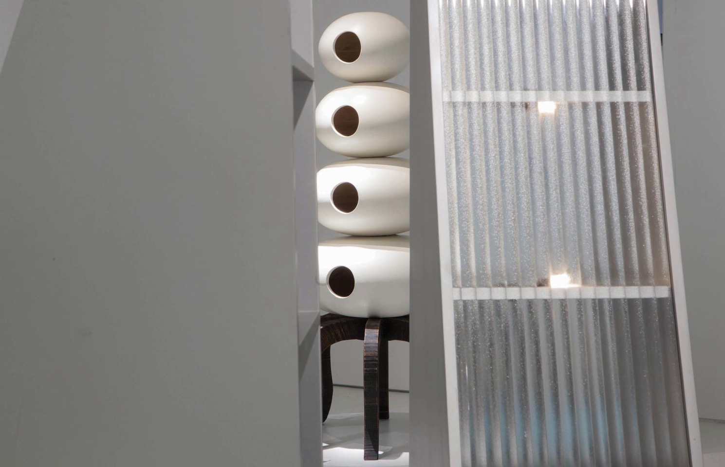 Art et Industrie exhibition installation view: Close up of James Hong's Karnack (1979) and Richard Snyder's Cabinet of the Ancient Squid (1990)