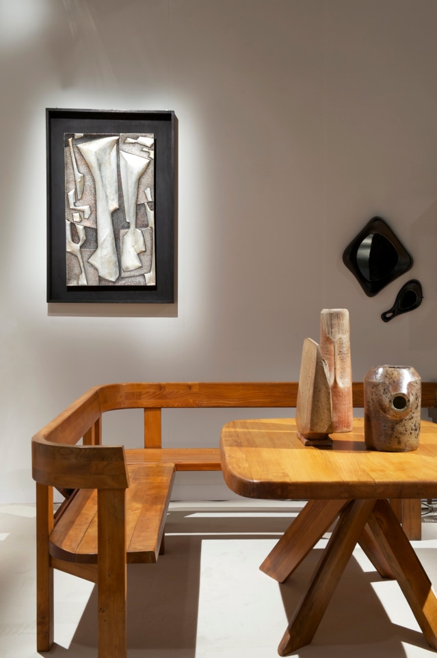 Roger Desserprit's wall sculpture, Yves Mohy's ceramic vases, Pierre Chapo's &quot;S35D&quot; and S35E&quot; benches, Marcel Asselbur's mirror