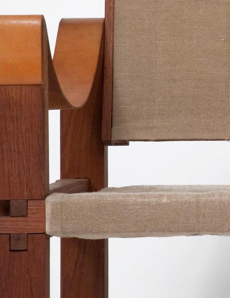 Pierre Chapo's pair of armchairs detailed view of arm and upholstery