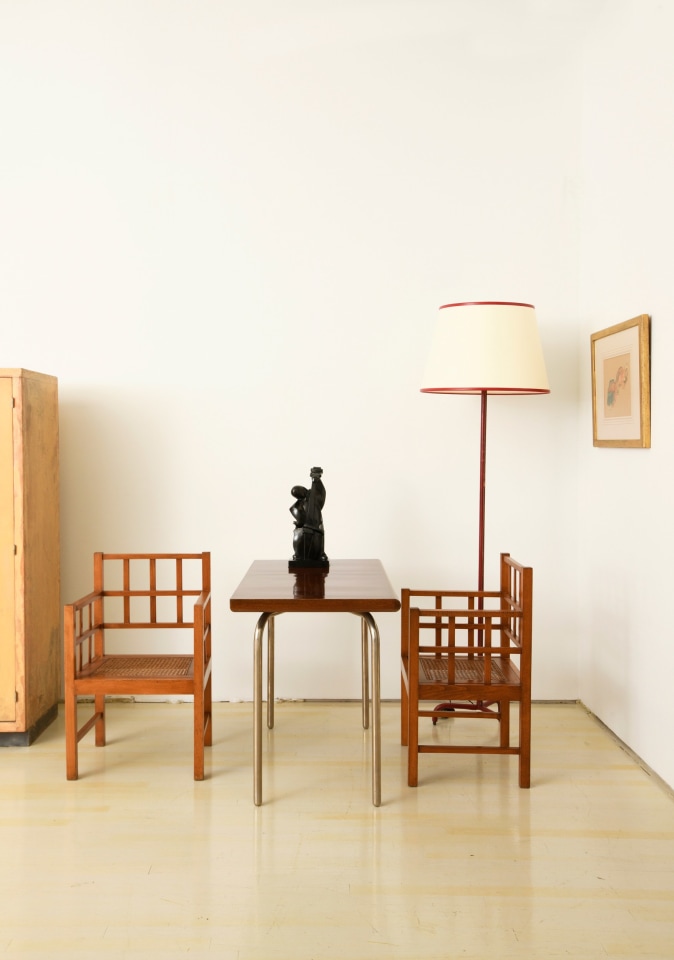 Francis Jourdain's pair of armchairs, Louis Sognot's desk, Ferdinand Parpan's sculpture, Jacques Adnet's red and leather floor lamp