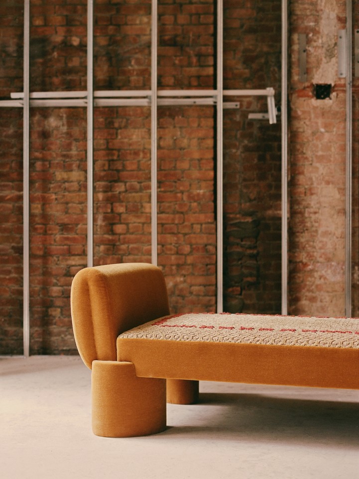 Studio Giancarlo Valle's tapestry daybed, cropped detailed view of end