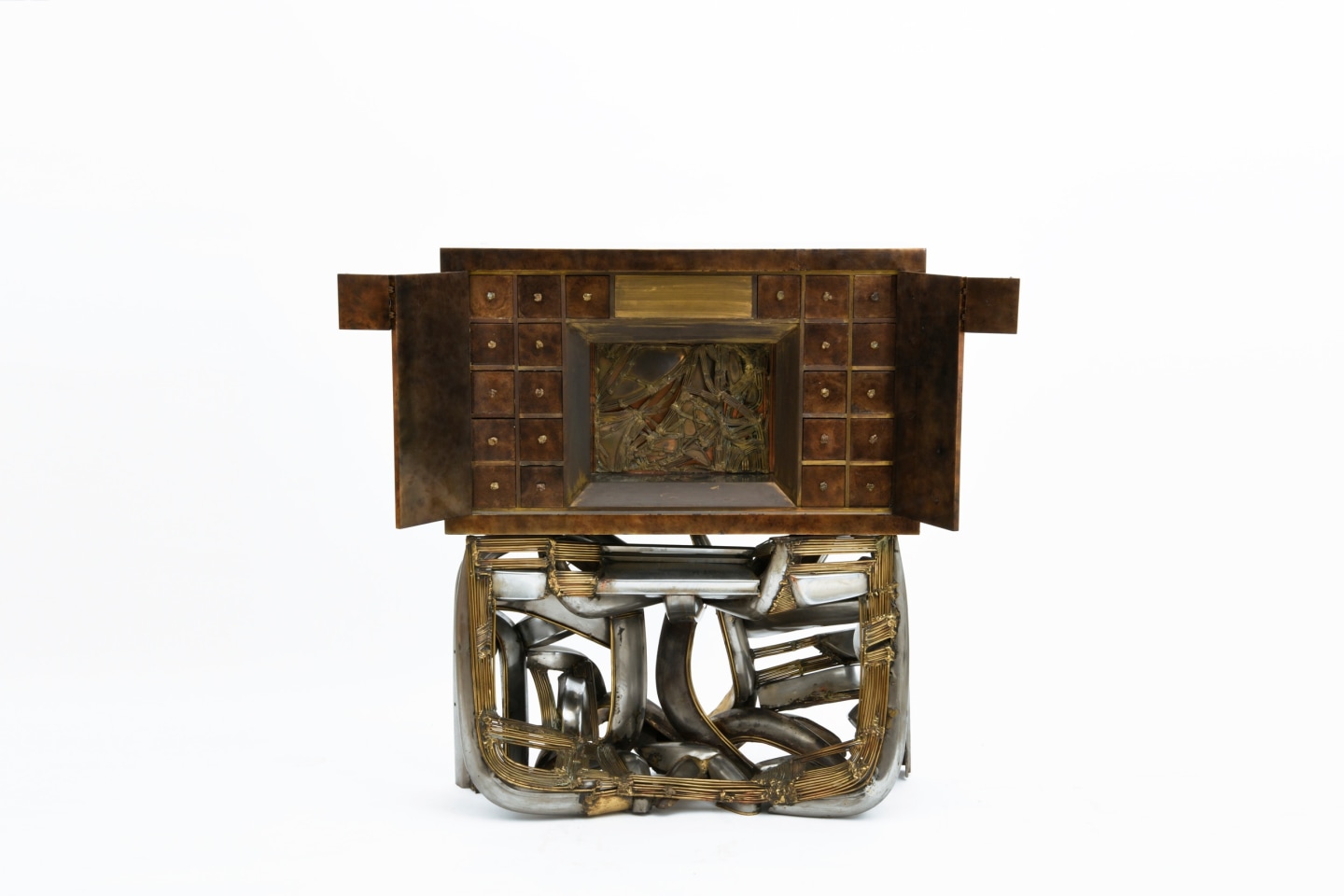 Brutalist cabinet front view both panels open