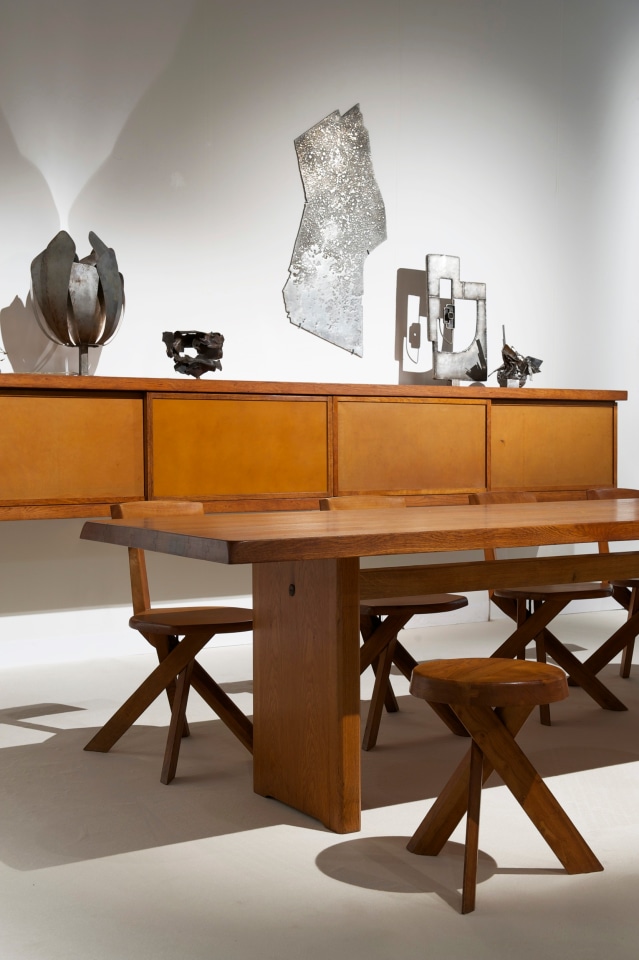 Pierre Chapo's Le Petit sideboard, Andr&eacute; Jean Doucin's lamp, Michel Guino's sculpture, Pierre Sabatiers &quot;Aile Lunaire&quot; wall sculpture, Alain Douillard's sculpture, Pierre Chapo's Set of 3 &quot;S31&quot; stools