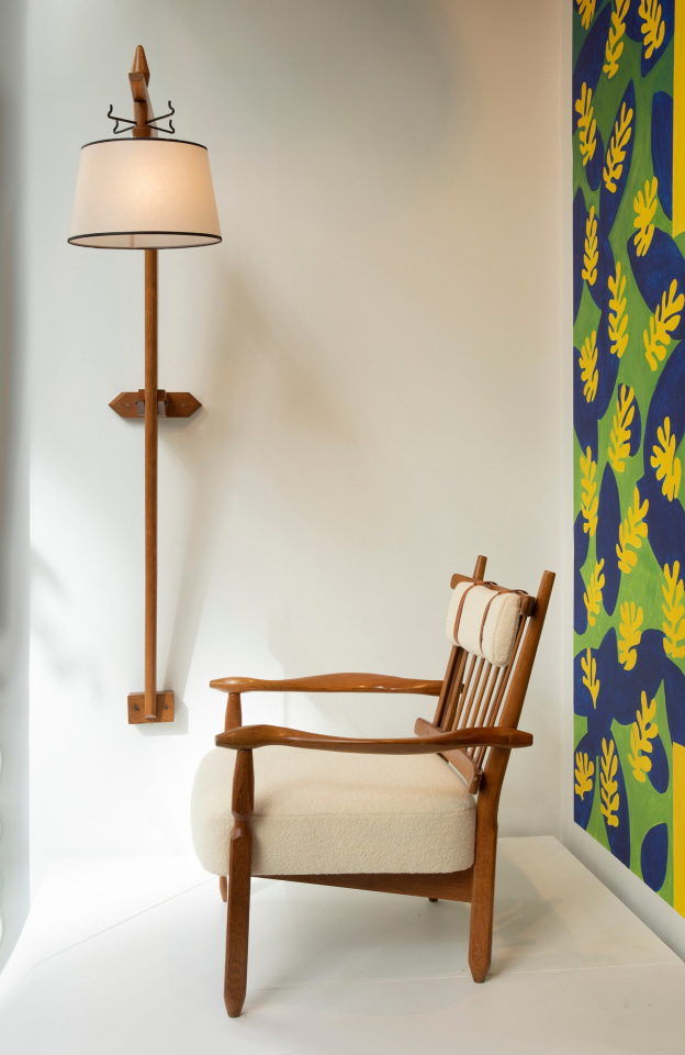 Installation view of the store front of the exhibition. Piece from left to right are Guillerme et Chambron's wall sconce and armchair