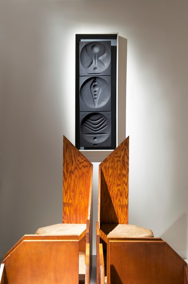 Edgard Pillet's ceramic wall sculpture, straight installation view with frame in our booth at Design Miami/Basel 2019