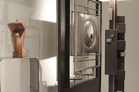 Alain Douillard exhibition at Magen H Gallery, installation view showing close up of &quot;Miroir aux Alouettes&quot; sculptural screen and floor lamp