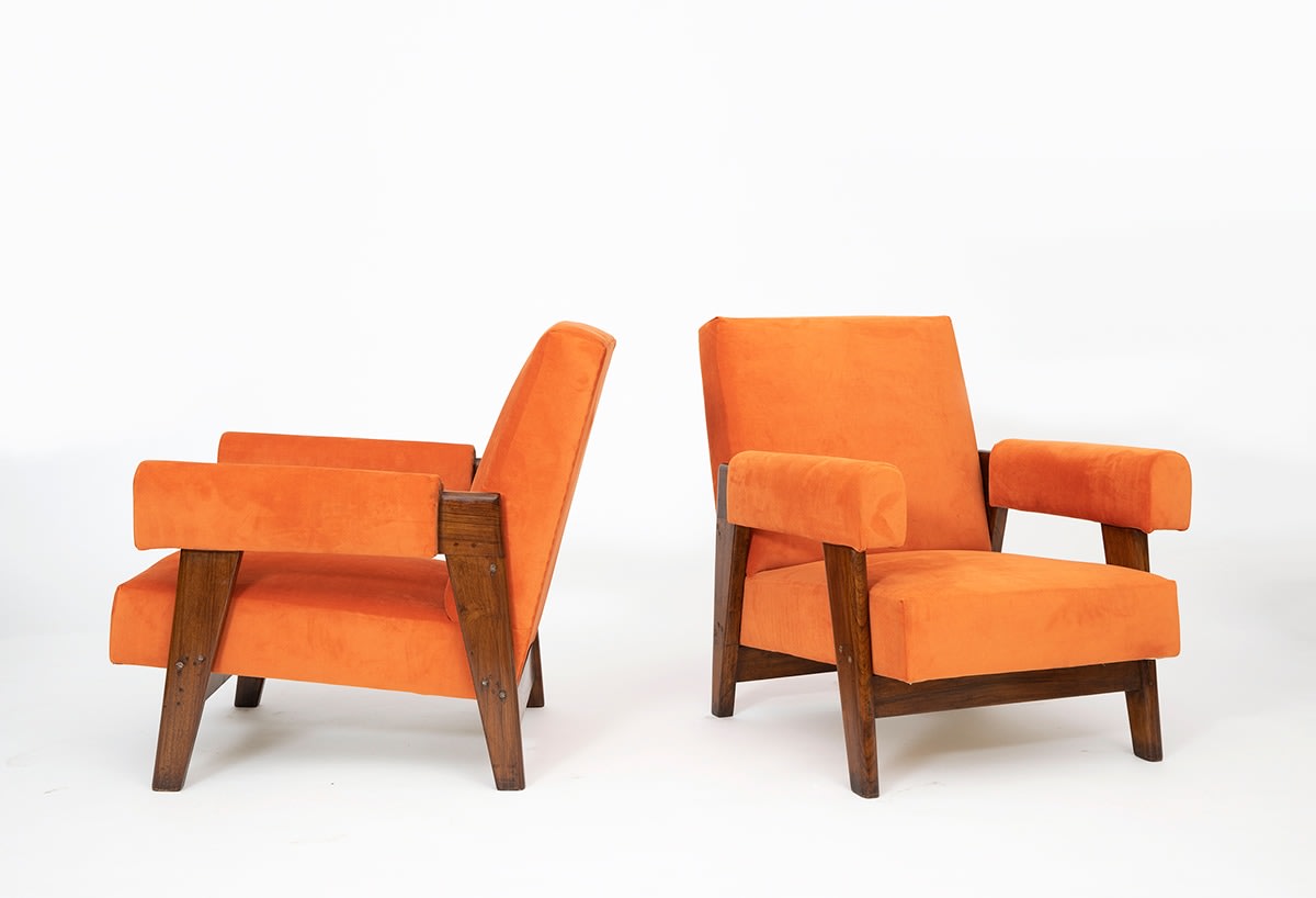 Pierre Jeanneret's Pair of High Court lounge chairs, side and front diagonal views
