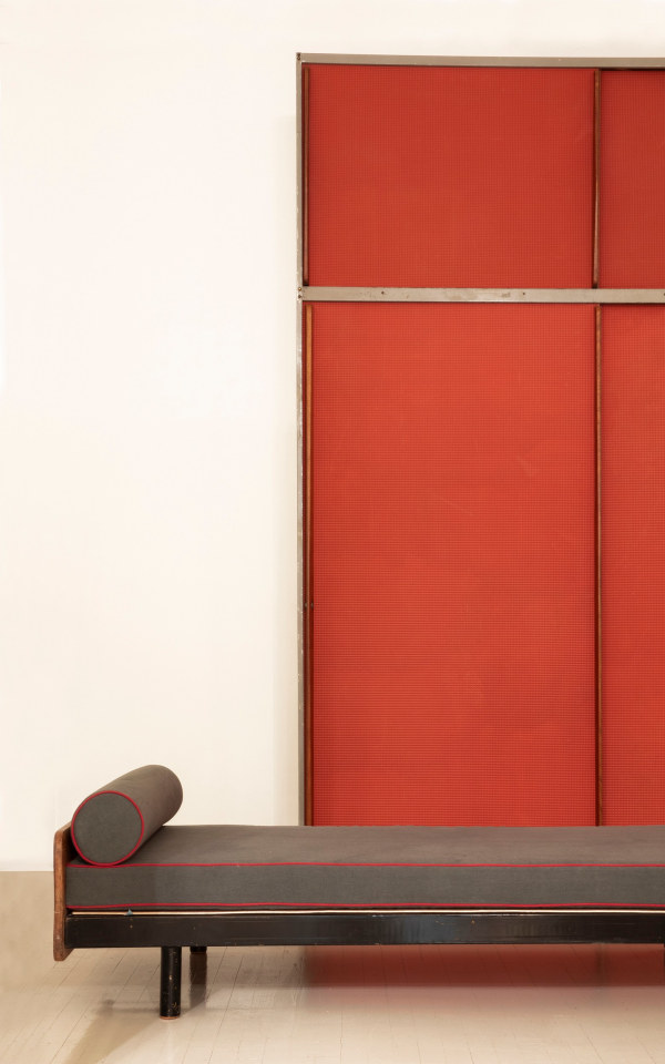 Installation view of exhibition. Pieces from left to right are Jean Prouv&eacute;'s daybed and door panel