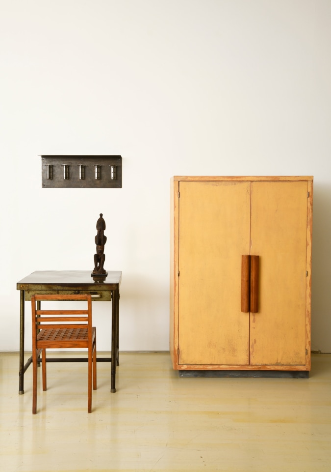 Robert Mallet Steven's coat rack, Rene Gabriel's chair, Rene Herbst's desk, Dogon's crouching figure, Le Corbusier's cabinet
