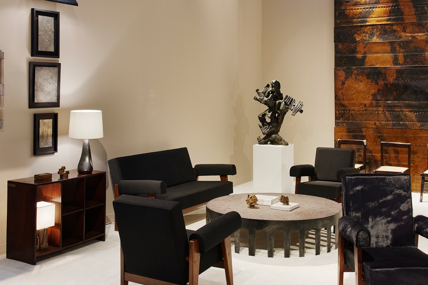 Magen H Gallery booth at Design Miami/ 2016, view of one section of the booth showing Pierre Jeanneret's &quot;Advocate and Press&quot; armchairs and sofa with Pia Manu's coffee table