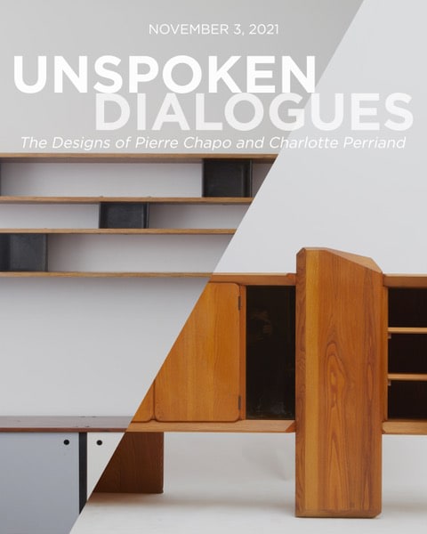 Image of Unspoken Dialogues exibition picturing Perriand Nuage shelf and Pierre Chapo sideboard