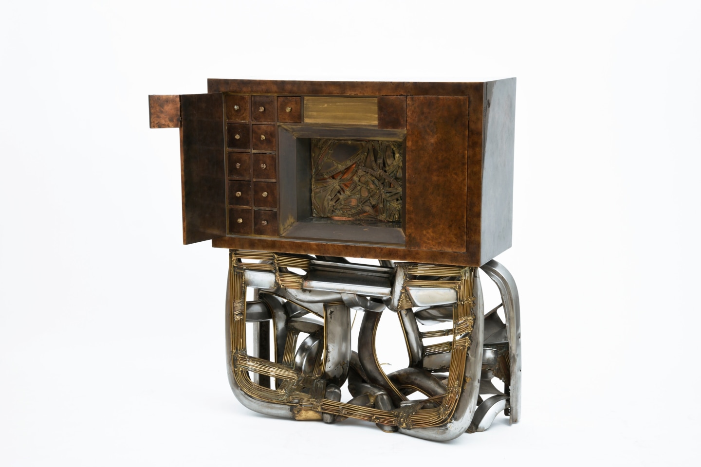 Brutalist cabinet diagonal view with right panel open