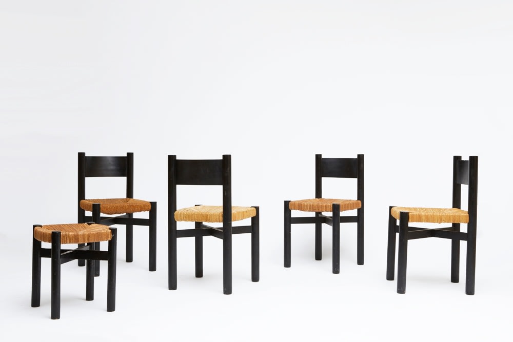 Charlotte Perriand's set of 4 &quot;Meribel&quot; chairs, view of all 4 chairs with one Perriand stool