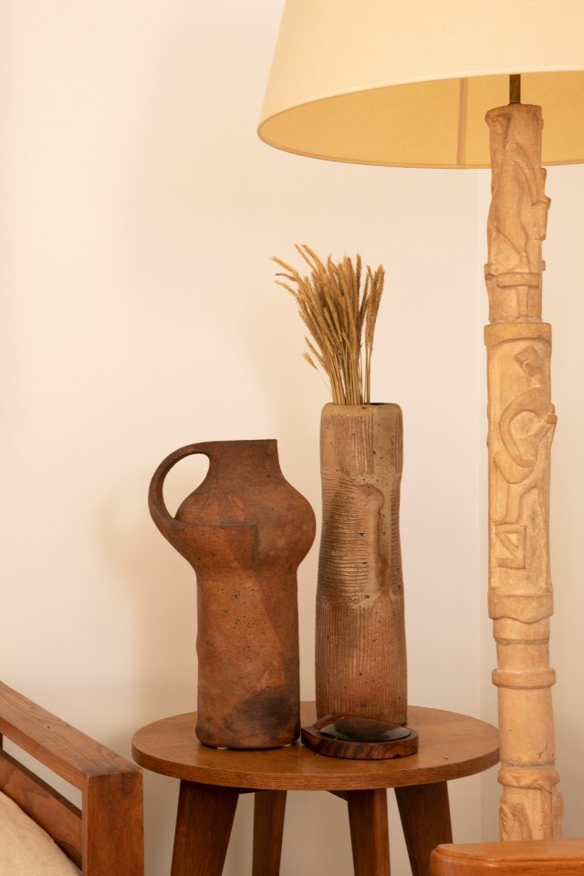 Installation view of exhibition. Pieces from left to right are La Borne's ceramic pitcher, Yves Mohy's ceramic vase, Alexander Noll's cigarette box, Ren&eacute; Gabriel's pedestal table, and Pierre Blanc's floor lamp