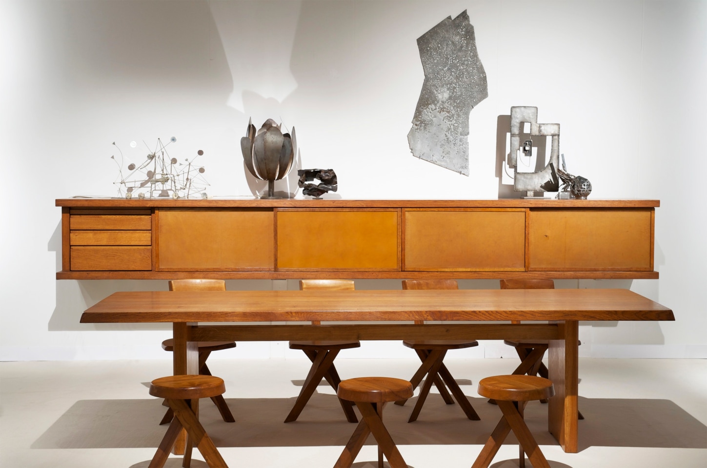 Pierre Chapo's Le Petit sideboard, Francois Colette's kinetic sculpture, Andr&eacute; Jean Doucin's lamp, Michel Guino's sculpture, Pierre Sabatiers &quot;Aile Lunaire&quot; wall sculpture, Alain Douillard's sculpture, Pierre Chapo's Set of 3 &quot;S31&quot; stools