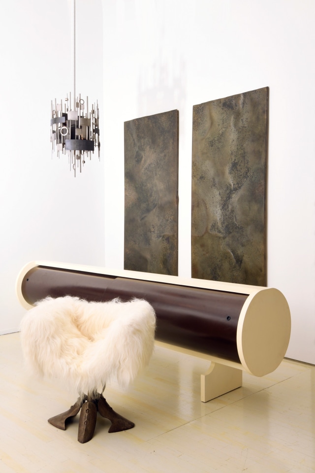 Alain Douillard's Chandelier, Pierre Sabatier &quot;Traverse&quot; wall sculptures, Jean Louis Chaneac's tubular sideboard, Sculptural armchair in they style of Michel Guino