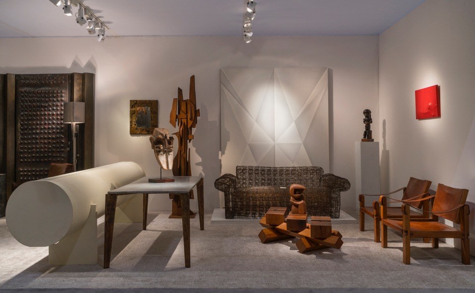Ricardo Santamaria's sculpture, Gonzalo Lebrija's Unfolded painting, Forrest Myer's &quot;Untitled&quot; wire couch, Dominique Zimbacca's sculptural coffee table, Pierre Chapo's pair of armchairs