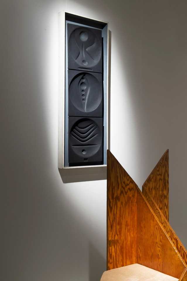 Edgard Pillet's ceramic wall sculpture, diagonal installation view with frame in our booth at Design Miami/Basel 2019