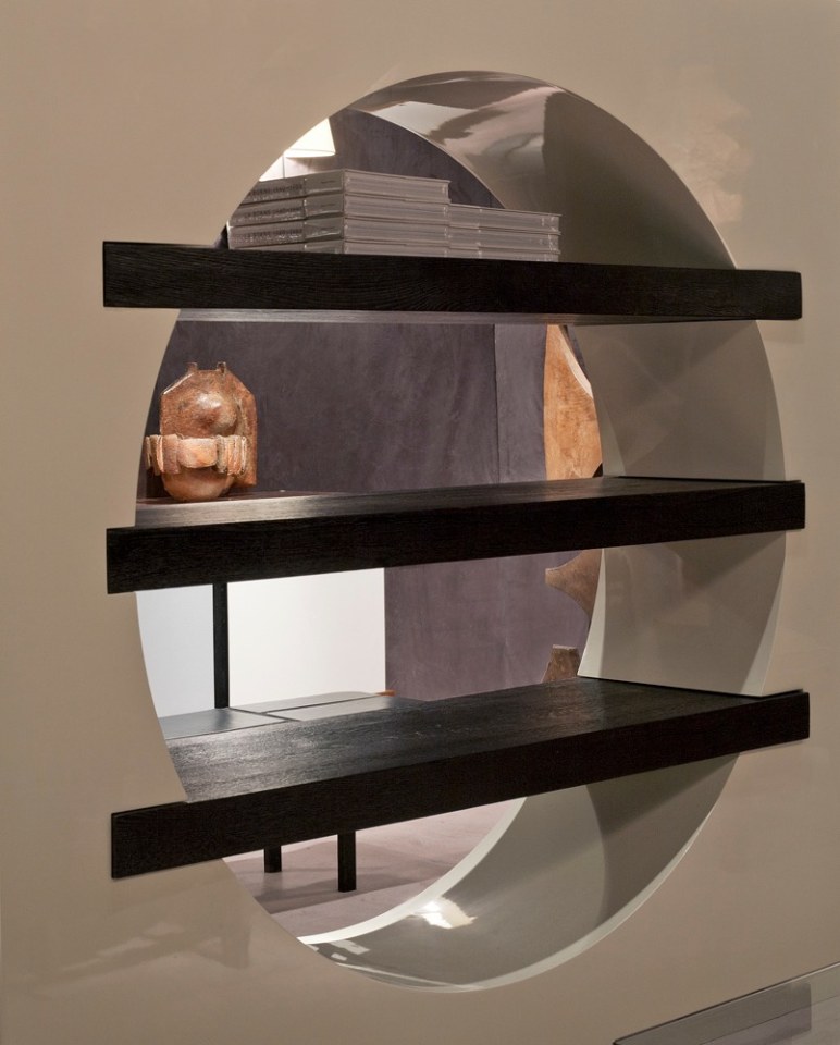 Magen H Gallery's booth at Winter Antiques Show, detailed image of Serge Manzon's stained oak shelves