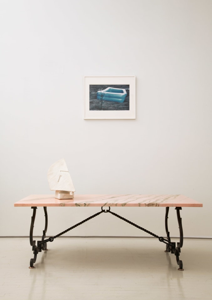 Pierre Székely's &quot;Ange&quot; marble sculpture, installation view on top of Gilbert Poillerat's coffee table with Richard Prince's photograph on wall