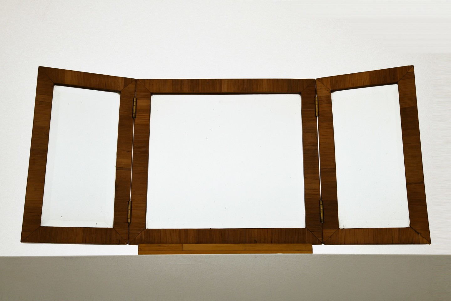 Unknown artist's marquetry mirror, straight front view with mirror open