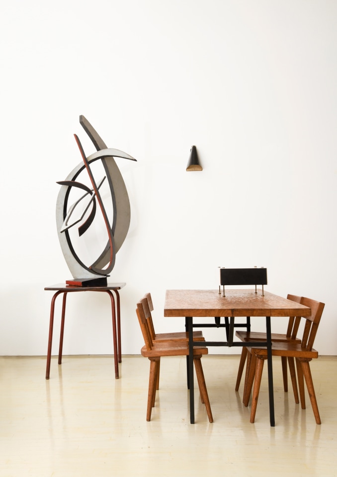 Andr&eacute; Bloc's sculpture, French 1950's square table, Marolles set of dining chairs and dining table, Pierre Guariche's table lamp G60